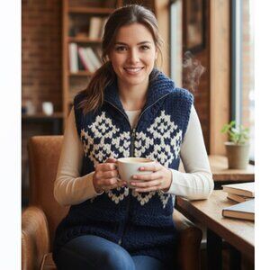 American Eagle Outfitters Navy Wool Chunky Knit Shawl Collar Sweater Vest Size M